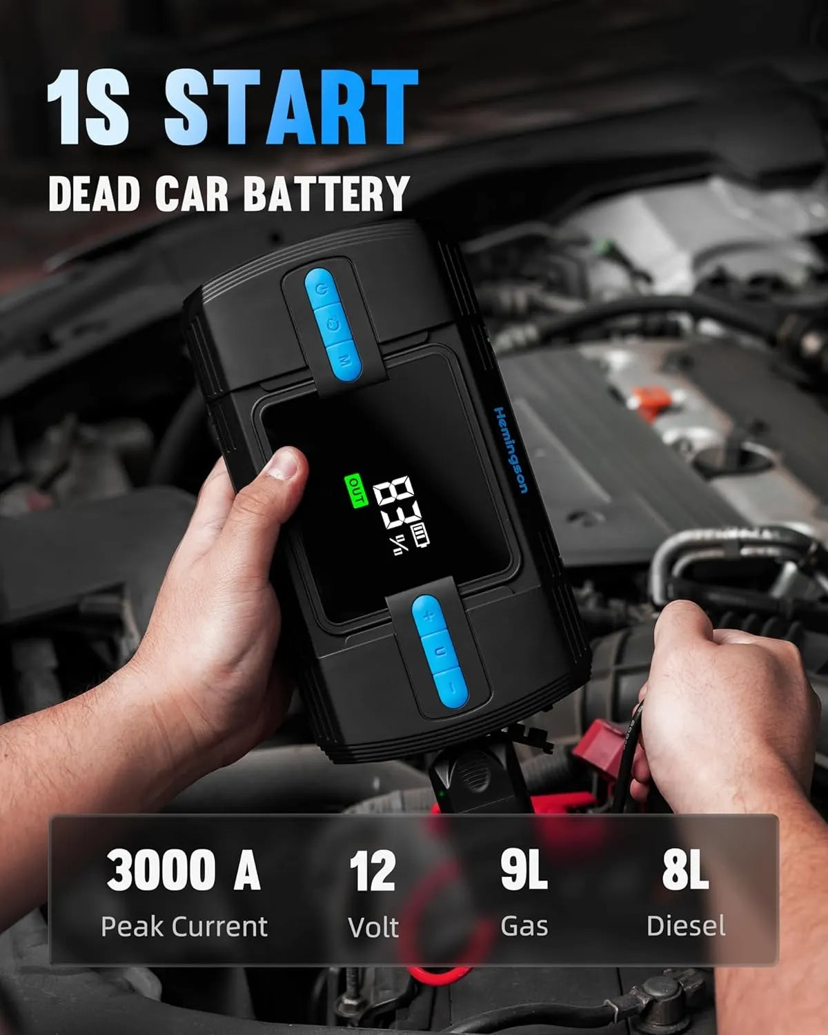 Car Jump Starter with Air Compressor, Hemingson 160PSI 3000A Portable Car Battery Jump Starter (9.0L Gas/8.0L Diesel), 12V Car Battery Jump Box Jumper Starter with Oversized LCD Display, Lights - Image 2