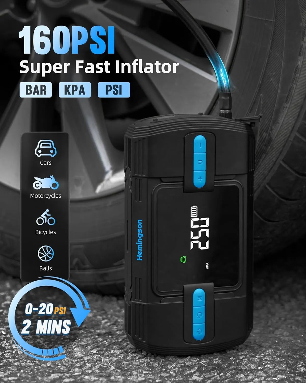 Car Jump Starter with Air Compressor, Hemingson 160PSI 3000A Portable Car Battery Jump Starter (9.0L Gas/8.0L Diesel), 12V Car Battery Jump Box Jumper Starter with Oversized LCD Display, Lights - Image 3