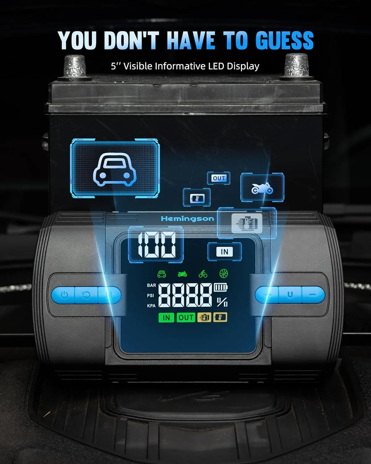 Car Jump Starter with Air Compressor, Hemingson 160PSI 3000A Portable Car Battery Jump Starter (9.0L Gas/8.0L Diesel), 12V Car Battery Jump Box Jumper Starter with Oversized LCD Display, Lights - Image 4