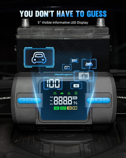 Car Jump Starter with Air Compressor, Hemingson 160PSI 3000A Portable Car Battery Jump Starter (9.0L Gas/8.0L Diesel), 12V Car Battery Jump Box Jumper Starter with Oversized LCD Display, Lights - Image 4