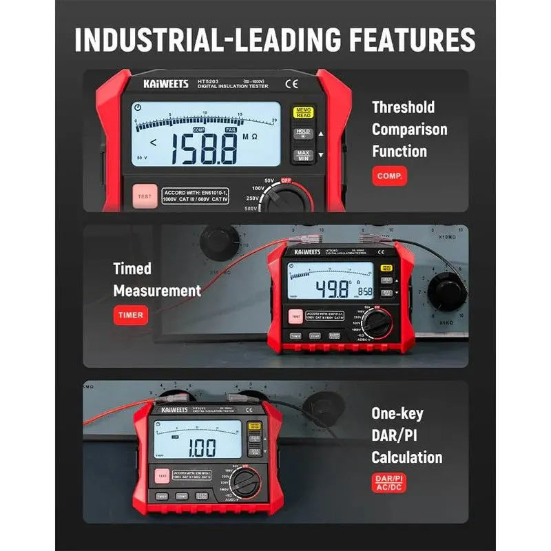 KAIWEETS Megohmmeter, Insulation Resistance Tester, Up to 100GΩ, 50V/100V/250V/500V/1000V, One-Touch DAR/PI, with AC/DC Voltage Testing for Motors, Solar, HVAC - Image 4