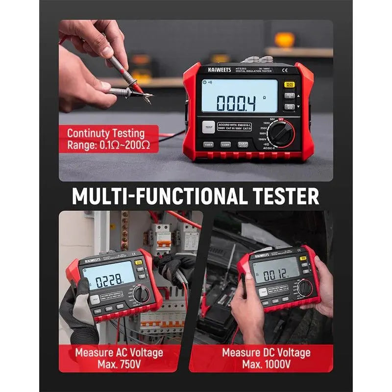 KAIWEETS Megohmmeter, Insulation Resistance Tester, Up to 100GΩ, 50V/100V/250V/500V/1000V, One-Touch DAR/PI, with AC/DC Voltage Testing for Motors, Solar, HVAC - Image 8