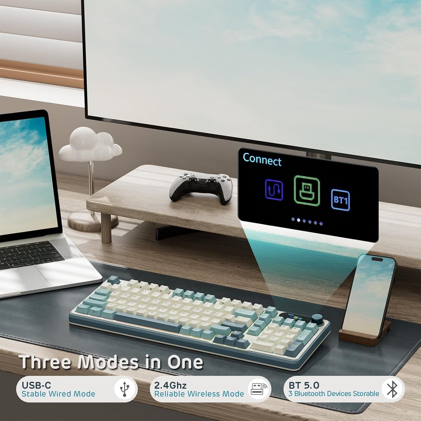 RK ROYAL KLUDGE S98 Mechanical Keyboard w/Smart Display & Knob, Top Mount 96% Wireless Mechanical Keyboard BT/2.4G/USB-C, Hot Swappable, Pale Green Switch 98 Keys
 - Image 3