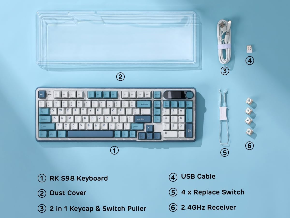 RK ROYAL KLUDGE S98 Mechanical Keyboard w/Smart Display & Knob, Top Mount 96% Wireless Mechanical Keyboard BT/2.4G/USB-C, Hot Swappable, Pale Green Switch 98 Keys
 - Image 8