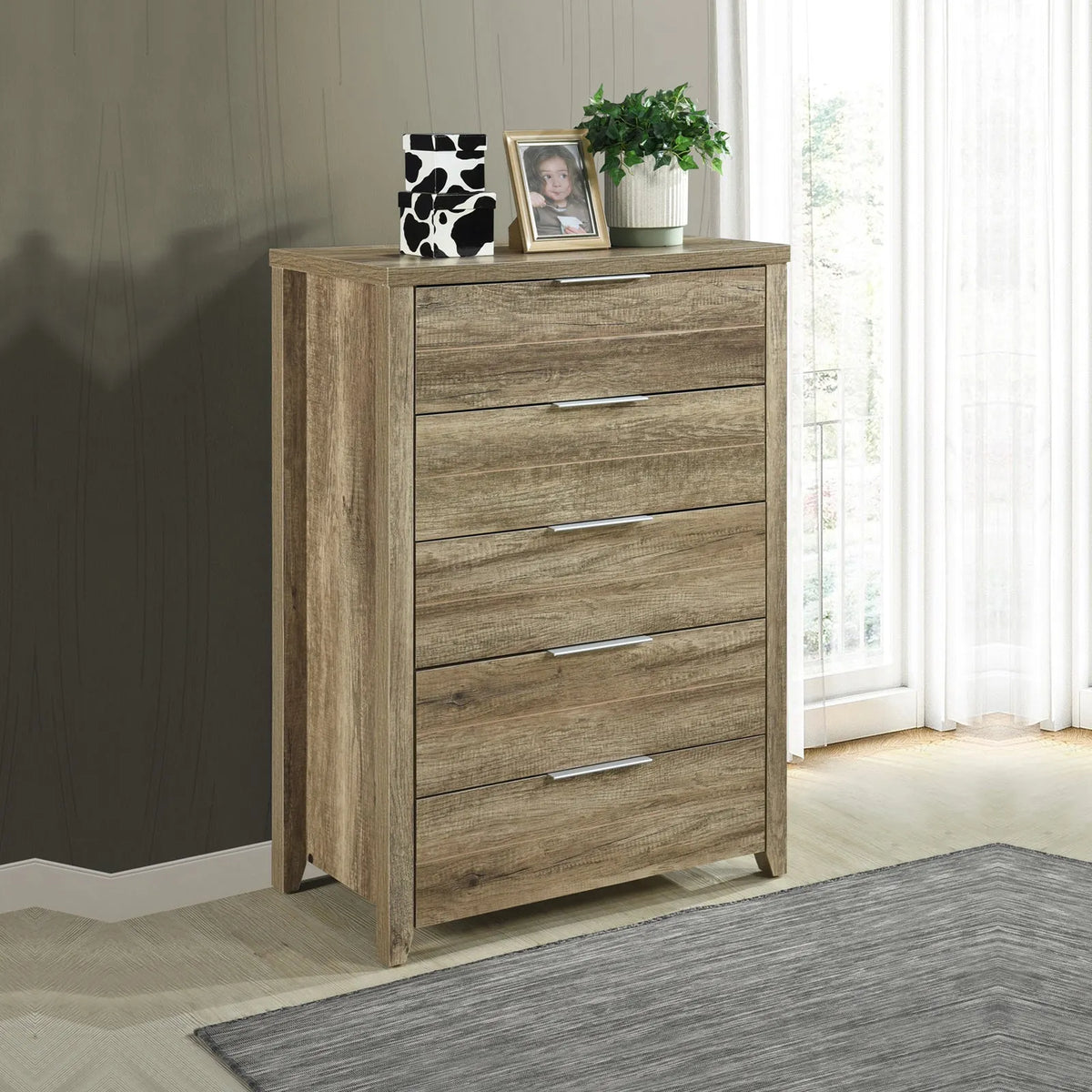 4 Pieces Bedroom Suite Natural Wood Like MDF Structure King Size Oak Colour Bed, Bedside Table & Tallboy - Image 6
