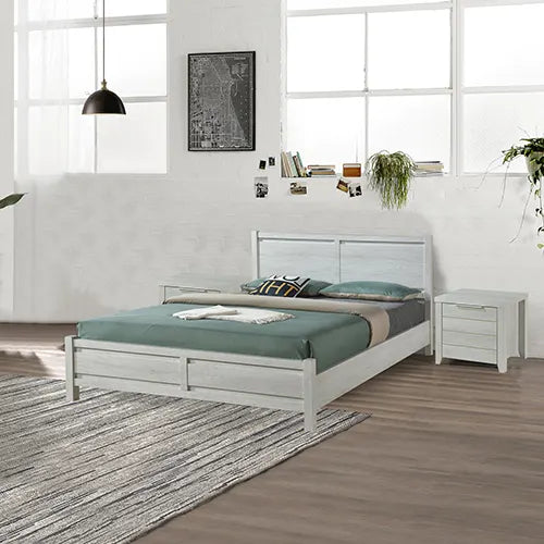 4 Pieces Bedroom Suite Natural Wood Like MDF Structure Queen Size White Ash Colour Bed, Bedside Table & Tallboy - Image 2