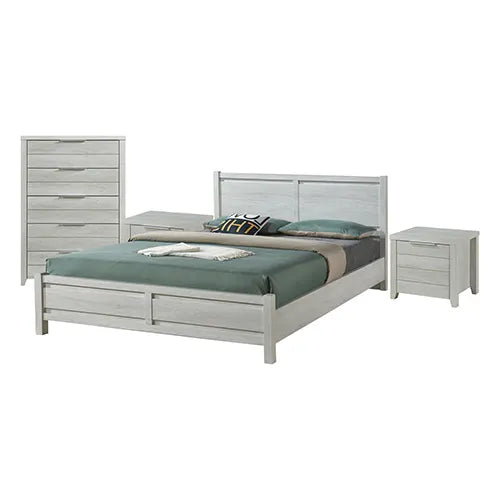4 Pieces Bedroom Suite Natural Wood Like MDF Structure Queen Size White Ash Colour Bed, Bedside Table & Tallboy