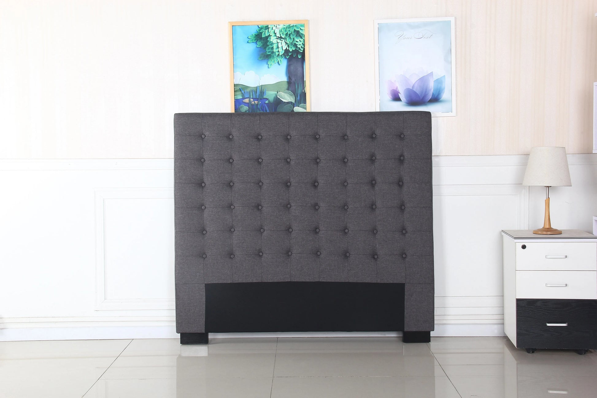Bed Head Double Charcoal Headboard Upholstery Fabric Tufted Buttons - Image 2