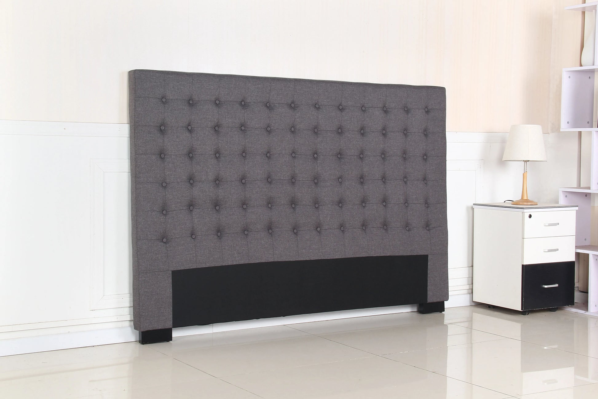 Bed Head King Charcoal Headboard Upholstery Fabric Tufted Buttons - Image 3