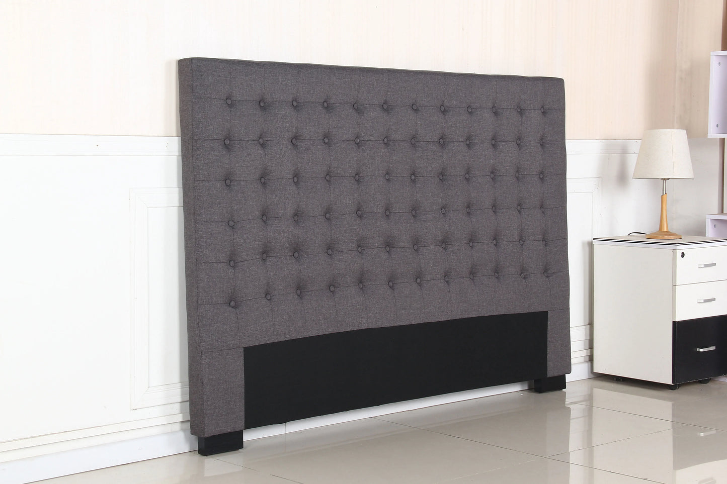 Bed Head King Charcoal Headboard Upholstery Fabric Tufted Buttons - Image 4