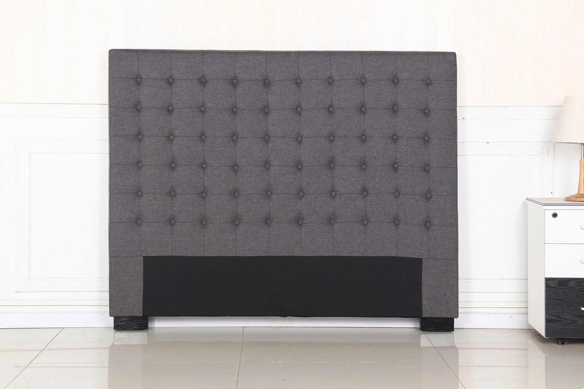 Bed Head Queen Charcoal Headboard Upholstery Fabric Tufted Buttons - Image 2