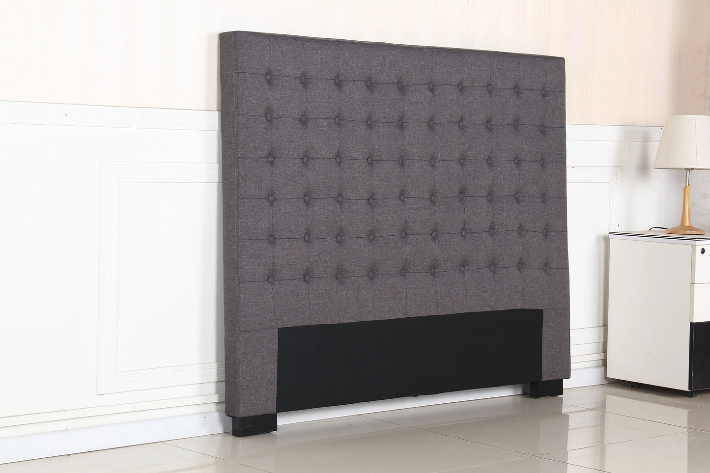Bed Head Queen Charcoal Headboard Upholstery Fabric Tufted Buttons - Image 4