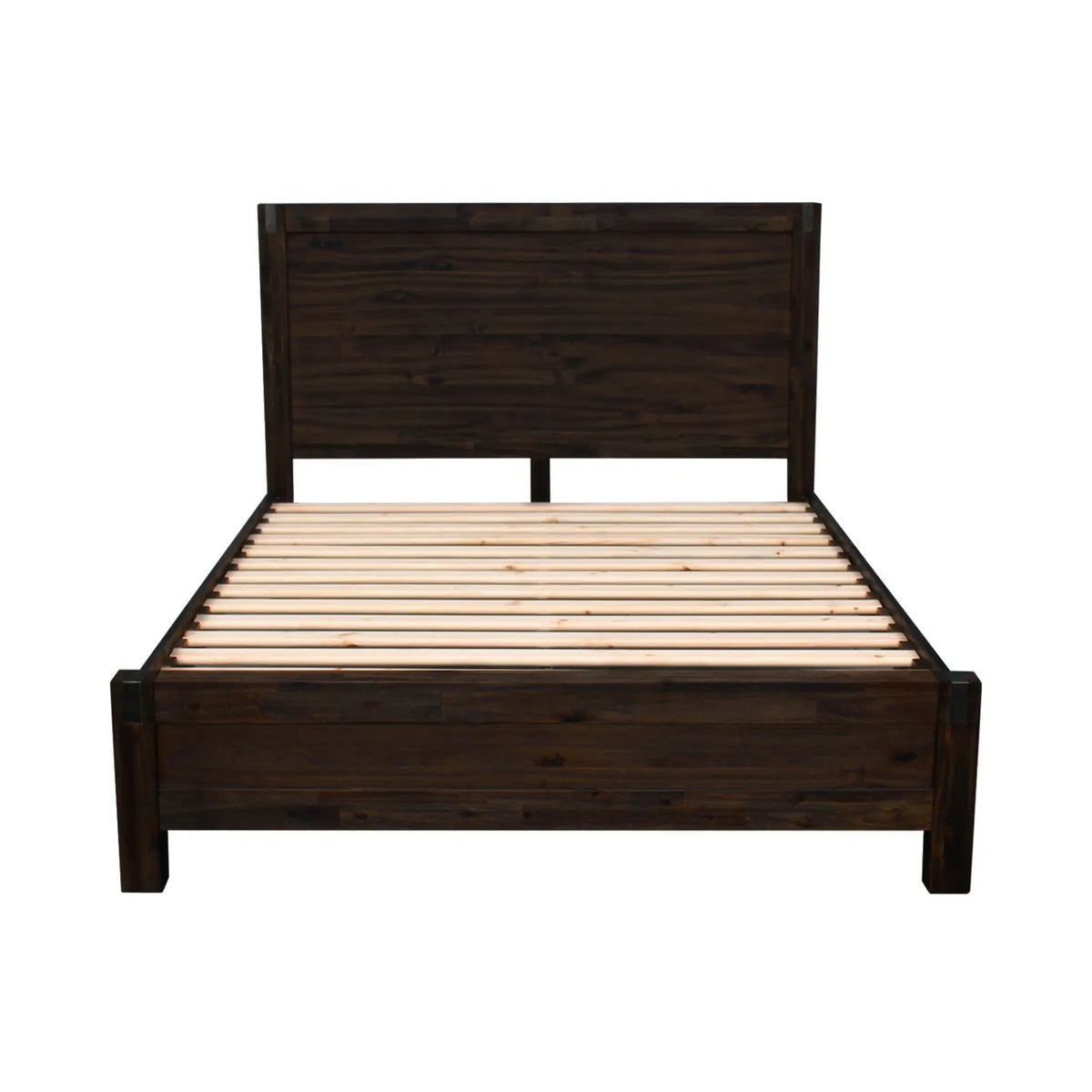 Bed Frame Double Size in Solid Wood Veneered Acacia Bedroom Timber Slat in Chocolate - Image 3