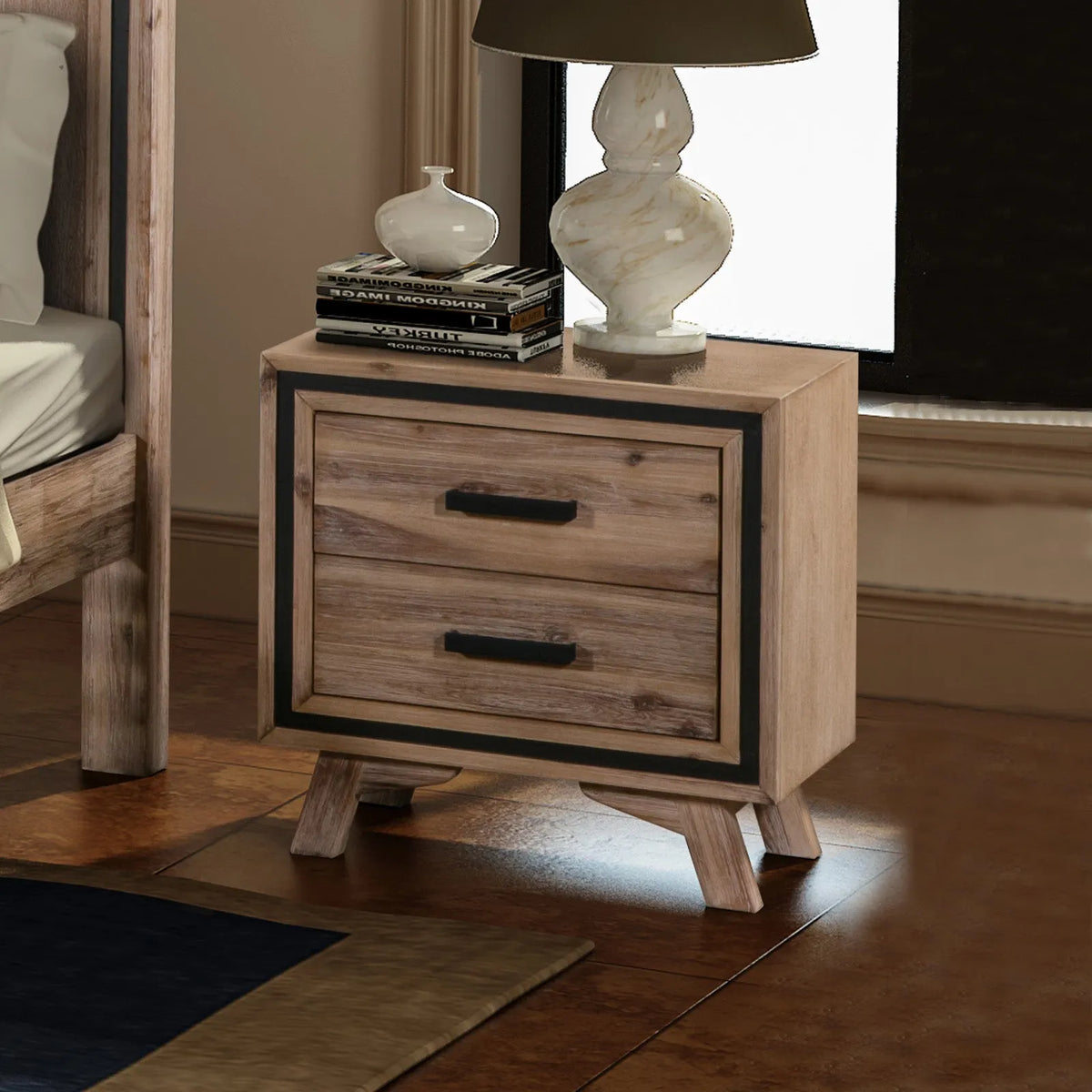 Bedside Table 2 drawer Night Stand with Solid Acacia Storage in Sliver Brush Colour - Image 2