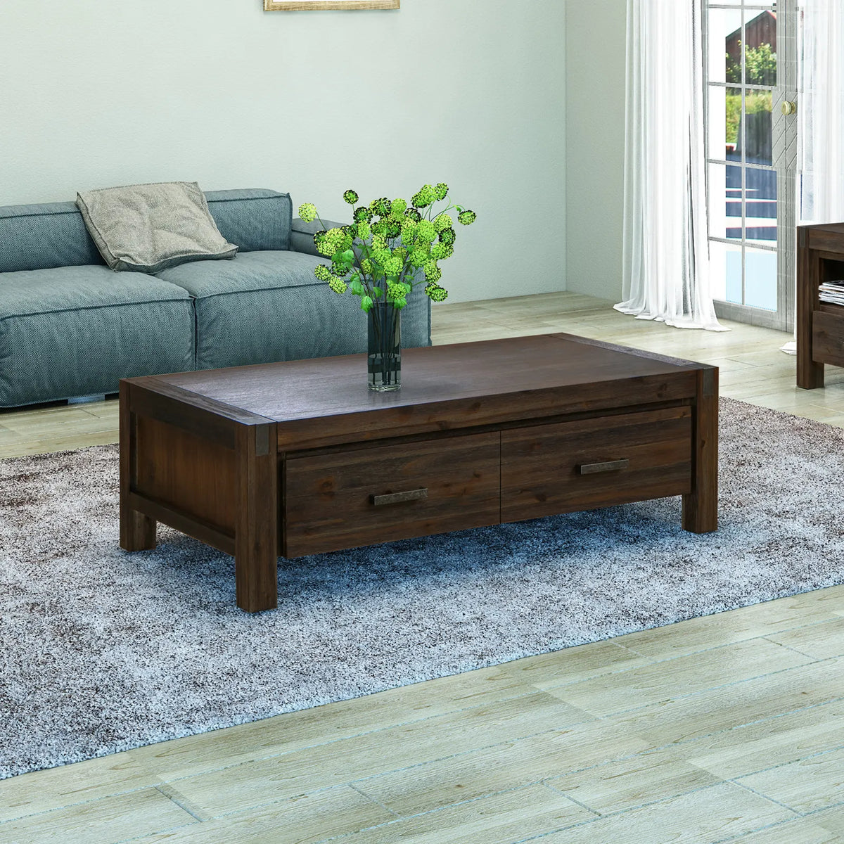 Coffee Table Solid Acacia Wood & Veneer 1 Drawers Storage Chocolate Colour - Image 2