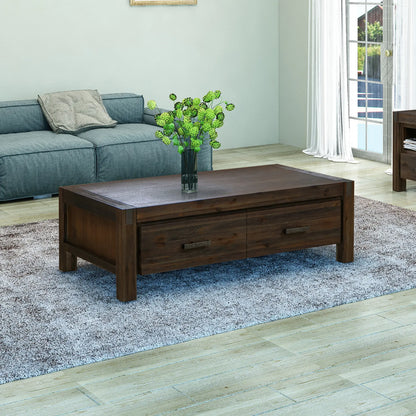 Coffee Table Solid Acacia Wood & Veneer 1 Drawers Storage Chocolate Colour - Image 2