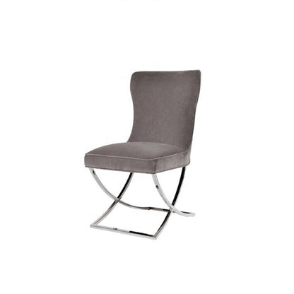 2x Dining Chairs Grey Fabric Upholstery Quilting Silver Color Legs