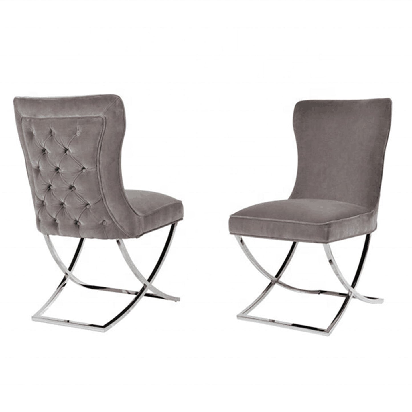 2x Dining Chairs Grey Fabric Upholstery Quilting Silver Color Legs - Image 2
