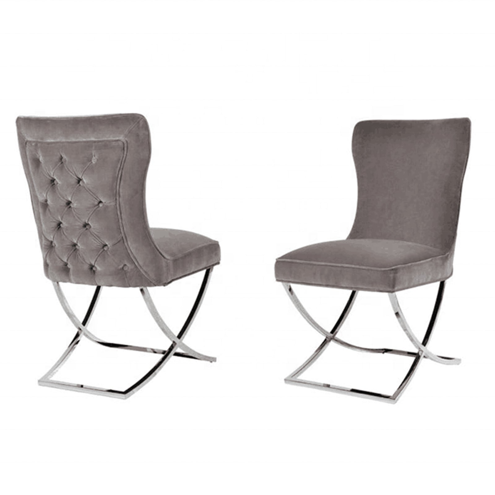 2x Dining Chairs Grey Fabric Upholstery Quilting Silver Color Legs - Image 2