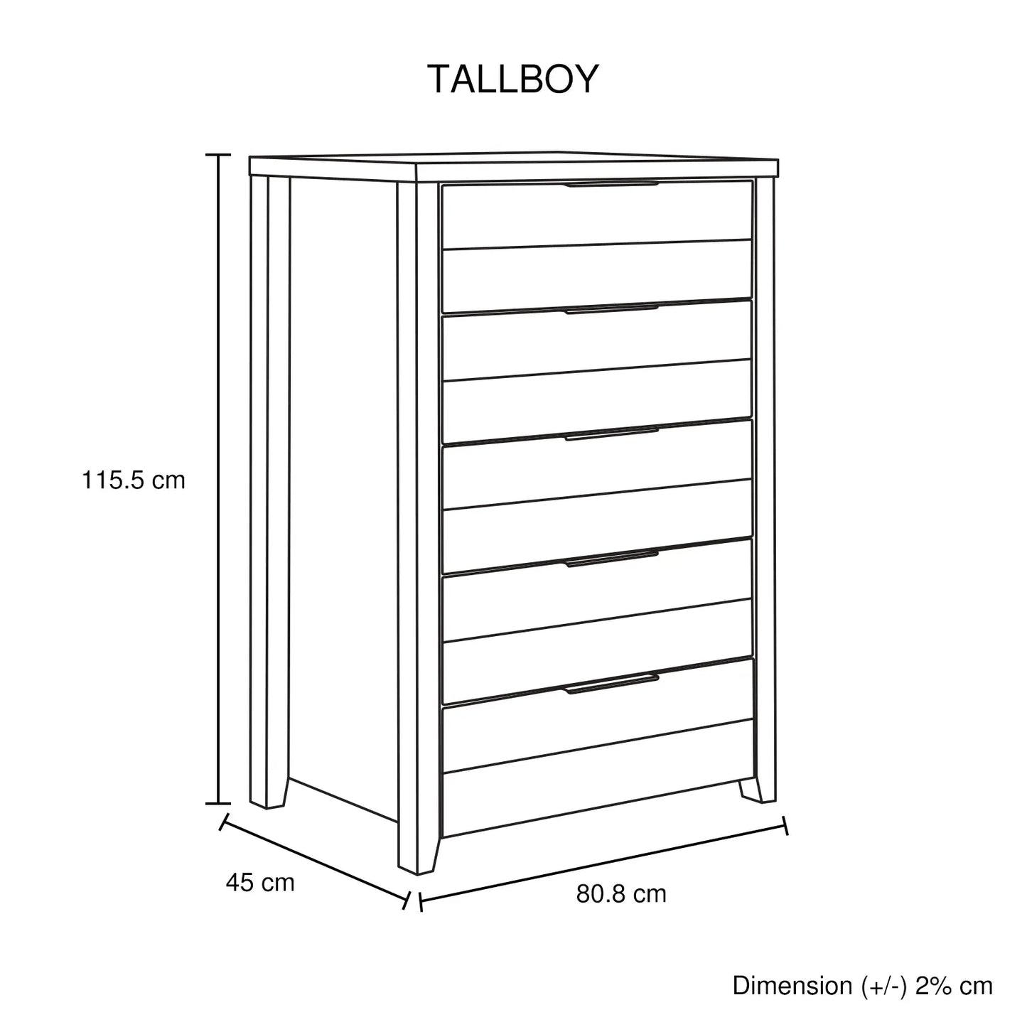 Tallboy with 5 Storage Drawers Natural Wood like MDF in White Ash Colour - Image 5