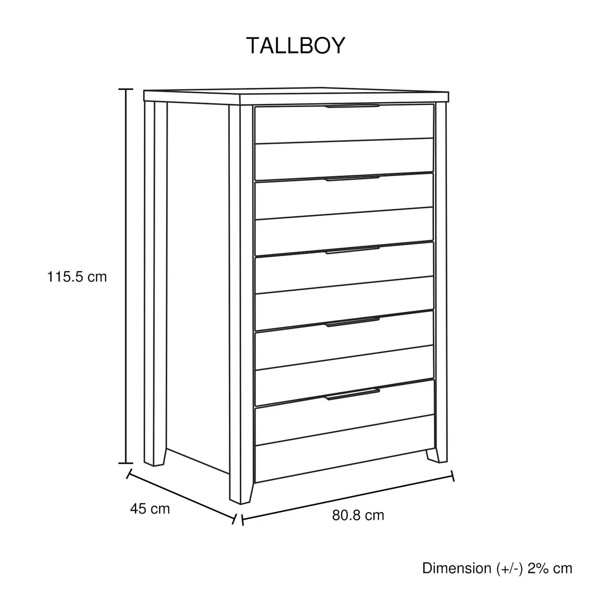 Tallboy with 5 Storage Drawers Natural Wood like MDF in White Ash Colour - Image 5