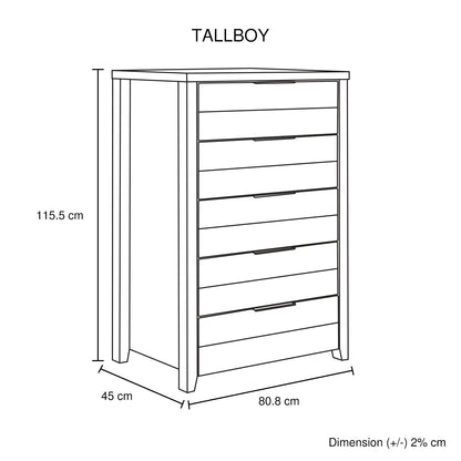Tallboy with 5 Storage Drawers Natural Wood like MDF in White Ash Colour - Image 5