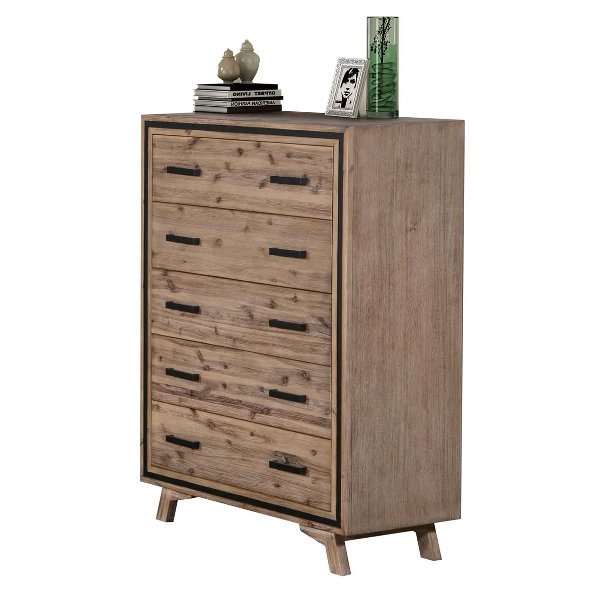 Tallboy with 5 Storage Drawers Solid Acacia Wooden Frame in Silver Brush Colour - Image 2