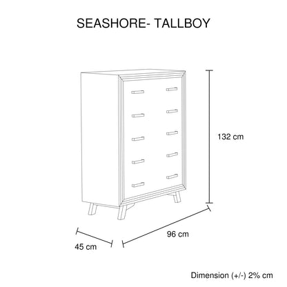 Tallboy with 5 Storage Drawers Solid Acacia Wooden Frame in Silver Brush Colour - Image 6