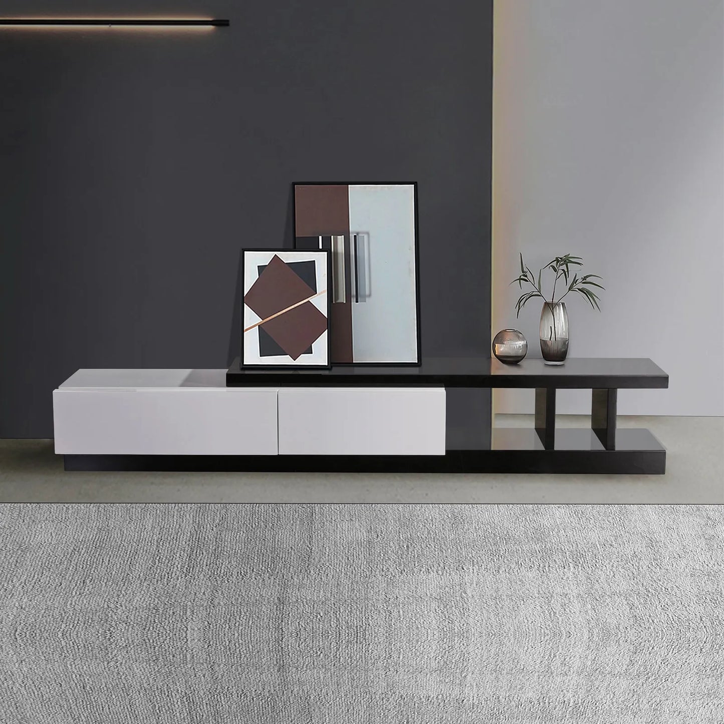 TV Cabinet with 2 Storage Drawers With High Glossy Assembled Entertainment Unit in Black & White colour
