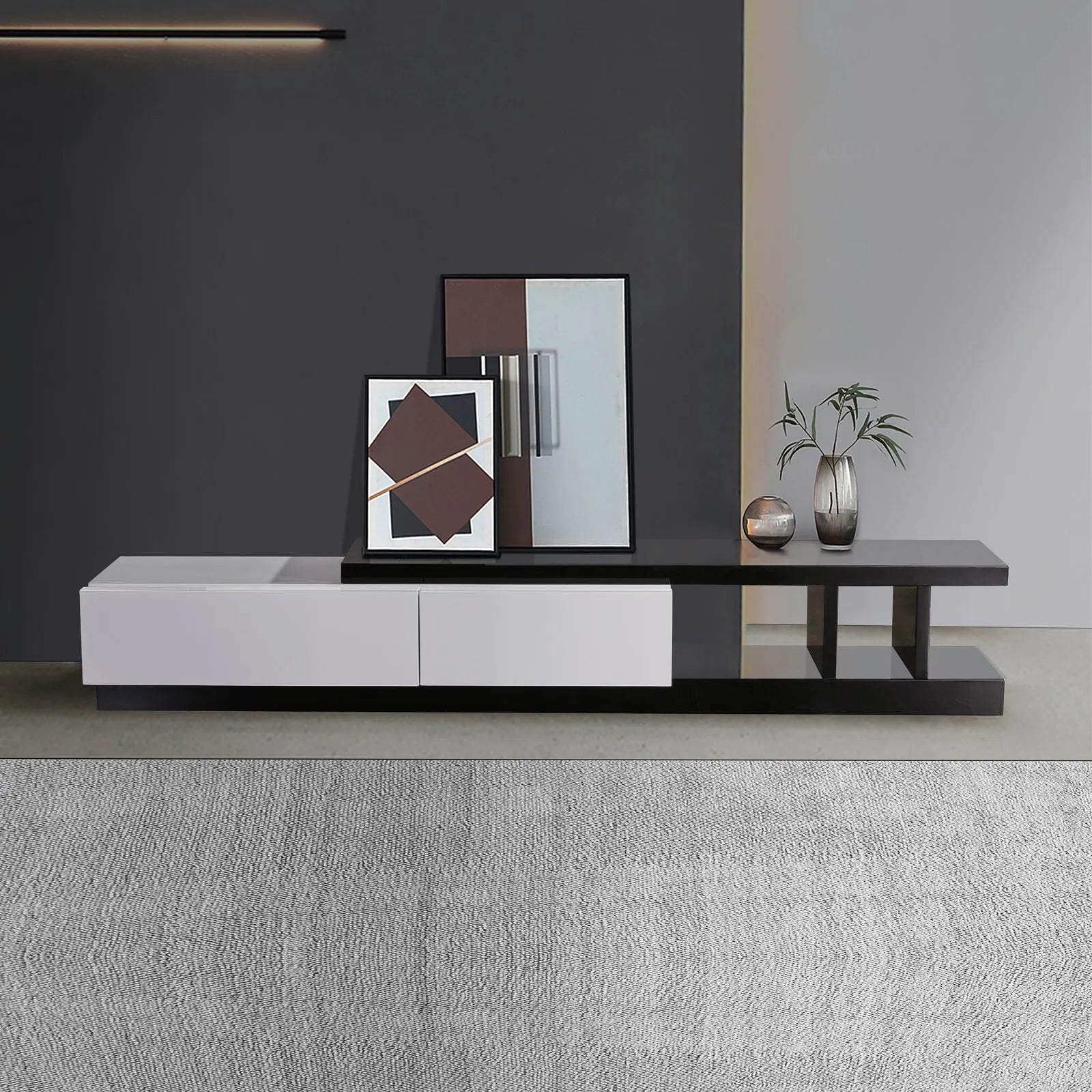 TV Cabinet with 2 Storage Drawers With High Glossy Assembled Entertainment Unit in Black & White colour