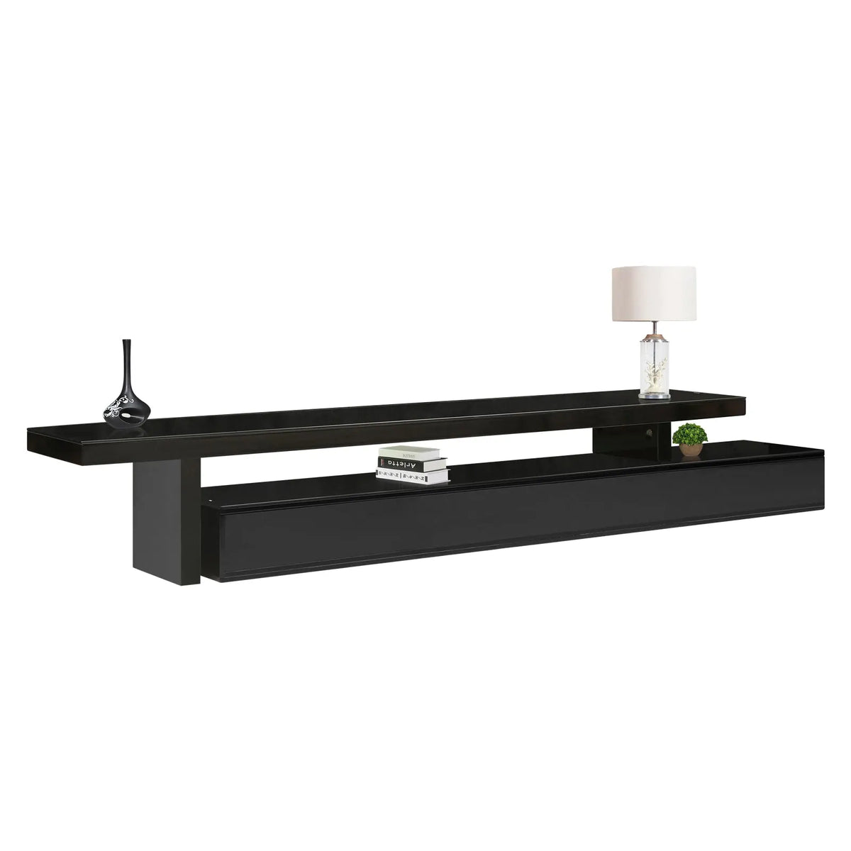 TV Cabinet with 3 Storage Drawers Extendable With Glossy MDF Entertainment Unit in Black Color - Image 2