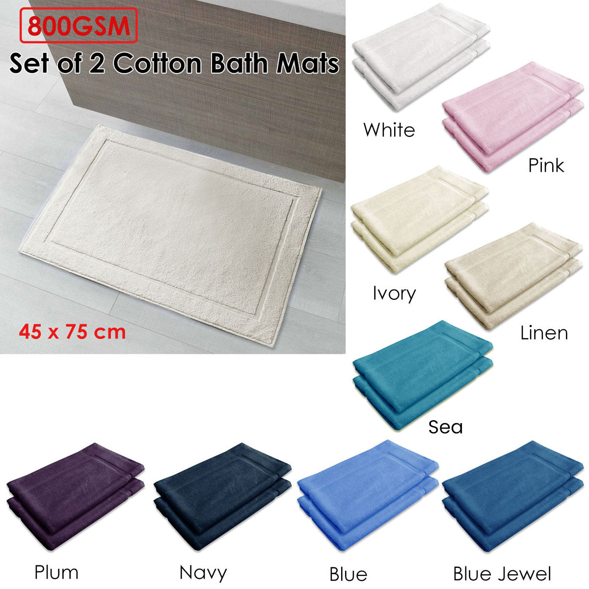 800GSM Set of 2 Cotton Bath Mat Blue Jewel - Image 2