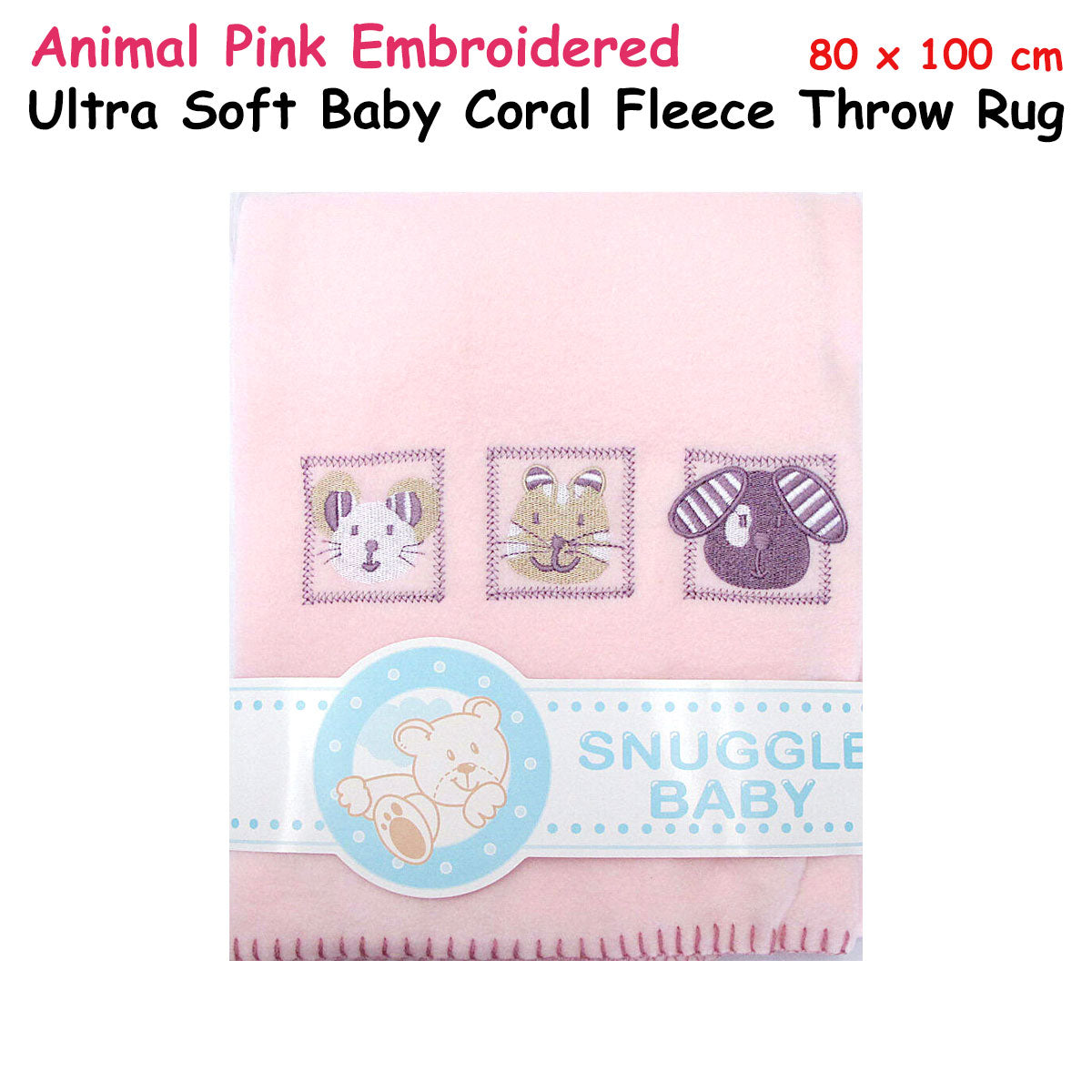 Animal Pink Embroidered Polar Fleece Baby Blanket 80 x 100 cm - Image 2