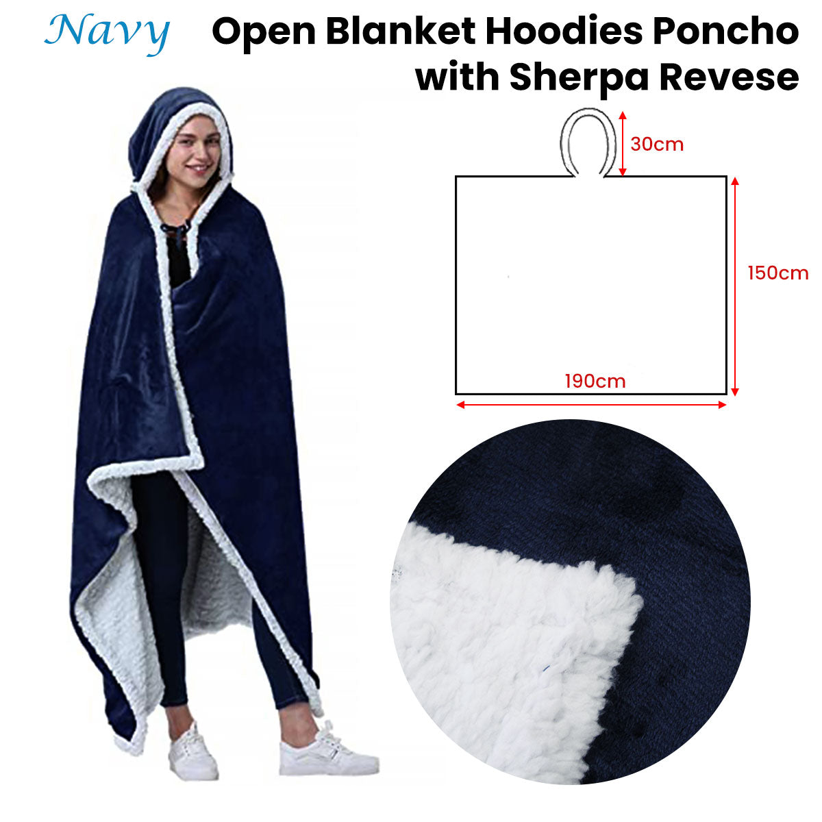 Adult Men Women Open Blanket Hoodie Poncho with Sherpa Fleece Reverse Navy - Image 2
