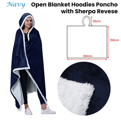Adult Men Women Open Blanket Hoodie Poncho with Sherpa Fleece Reverse Navy - Image 2
