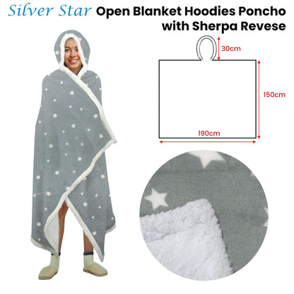 Adult Men Women Open Blanket Hoodie Poncho with Sherpa Fleece Reverse Silver Star - Image 2
