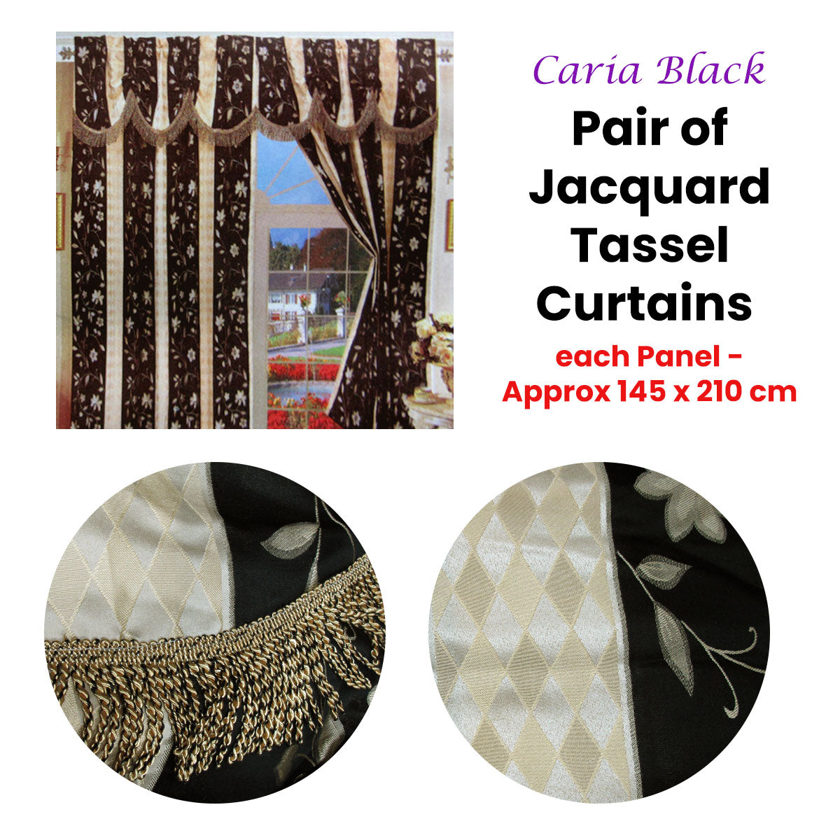 Pair of Caria Black Jacquard Tassels Unlined Curtains 145 x 210 cm - Image 2