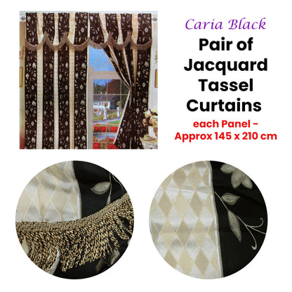 Pair of Caria Black Jacquard Tassels Unlined Curtains 145 x 210 cm - Image 2