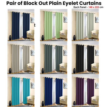 Pair of Blockout Plain Eyelet Curtains Blue - Image 2