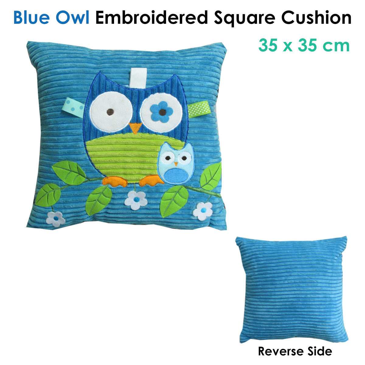 Blue Owl Embroidered Applique Square Cushion - Image 2