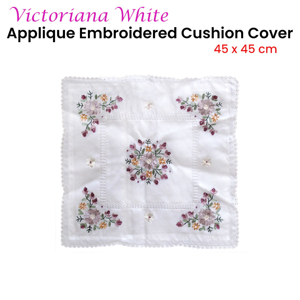 Victoriana White Applique Embroidered Cushion Cover 45 x 45 cm - Image 2