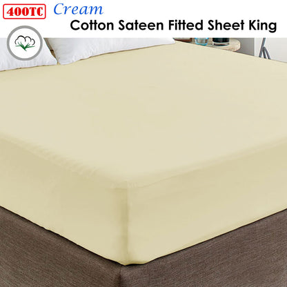 400TC Cream 100% Cotton Sateen Fitted Sheet King - Image 2