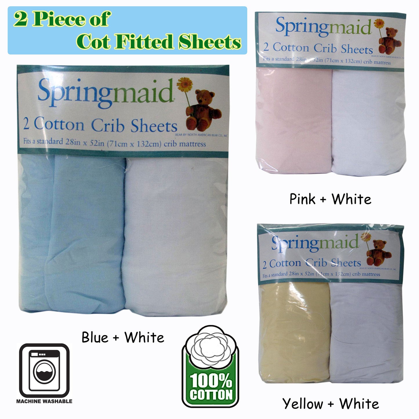2 Piece of Baby Cot Cotton Fitted Sheet Yellow & White - Image 2