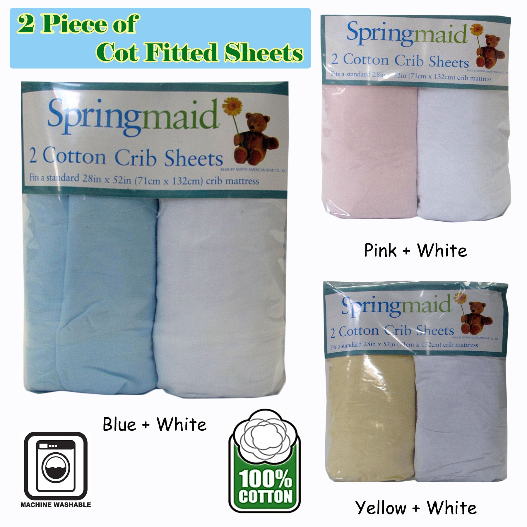 2 Piece of Baby Cot Cotton Fitted Sheet Yellow & White - Image 2