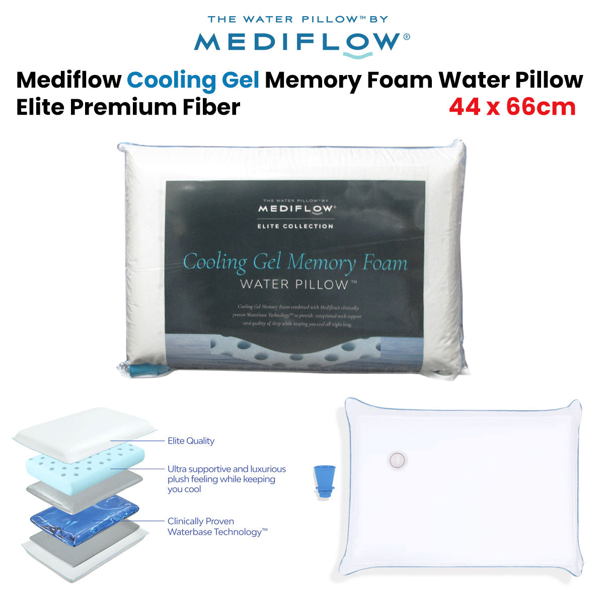 Mediflow Elite Premium Fiber Cooling Gel Memory Foam Water Pillow 44 x 66 cm - Image 2