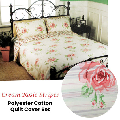 Cream Rosie Stripes Polyester Cotton Quilt Cover Set Queen - Image 2
