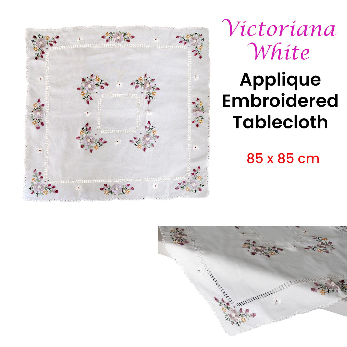Victoriana White Applique Embroidered Table Topper 85 x 85 cm - Image 2