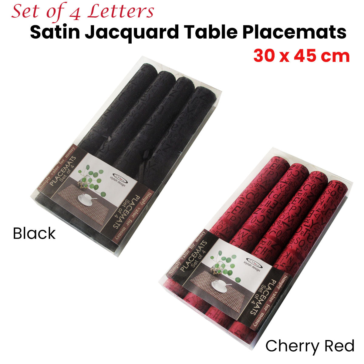 Set of 4 Jacquard Satin Letters Table Placemats Black 30 x 45cm - Image 2