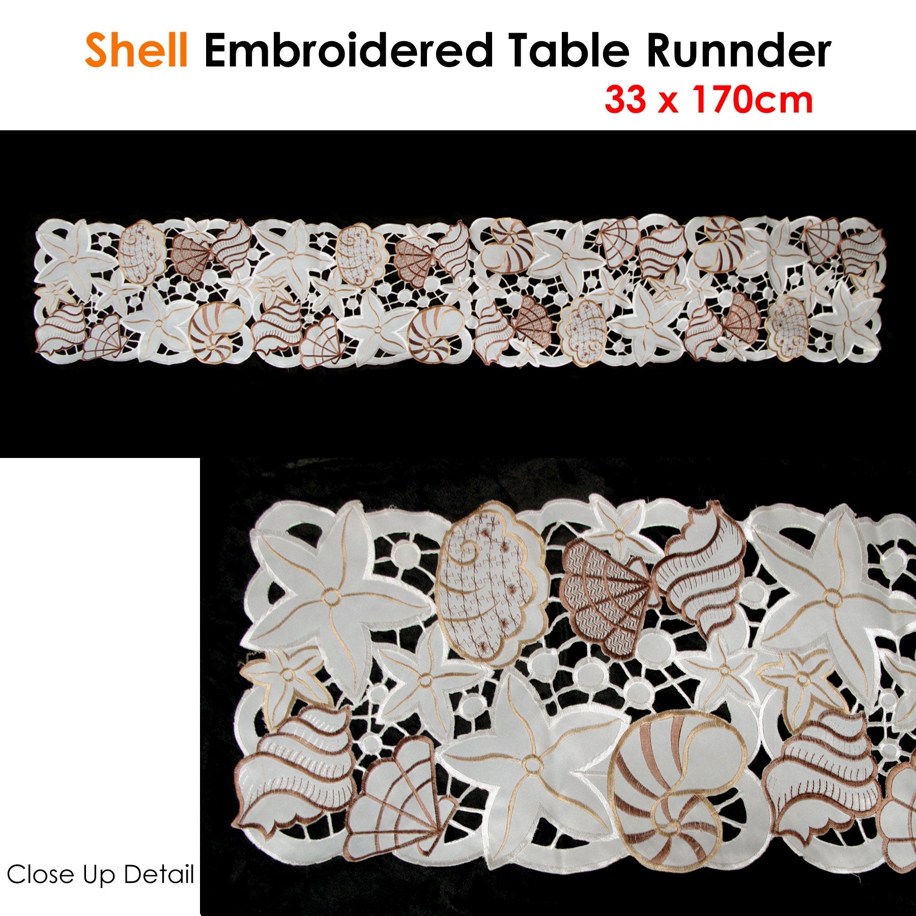 Shell Embroidered Table Runner 33 x 170cm - Image 2