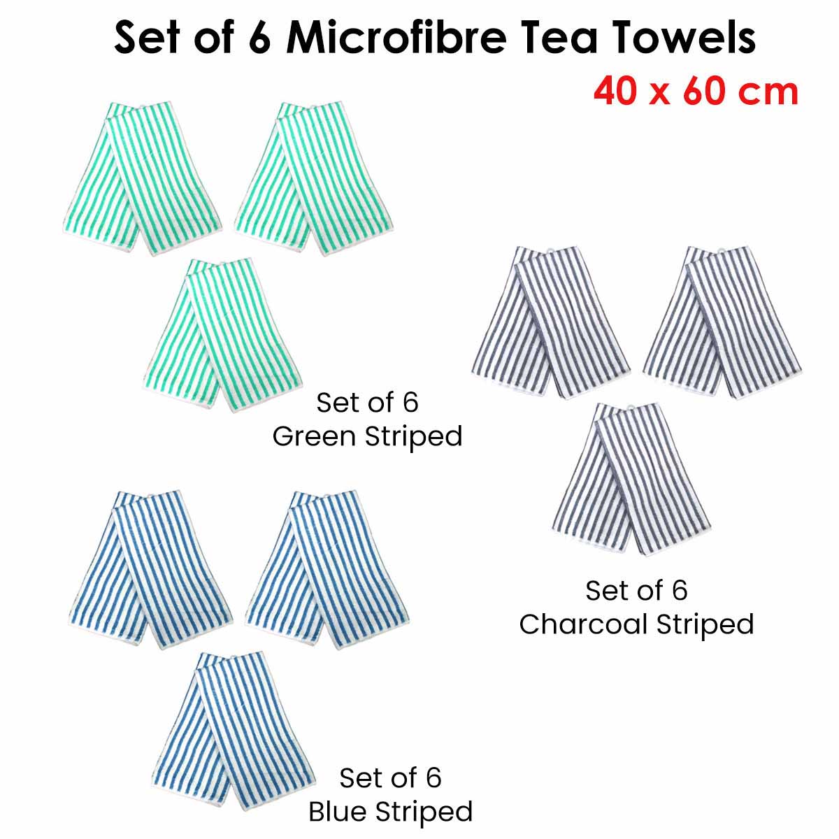 Set of 6 Microfibre Striped Tea Towels 40 x 60 cm Blue - Image 2